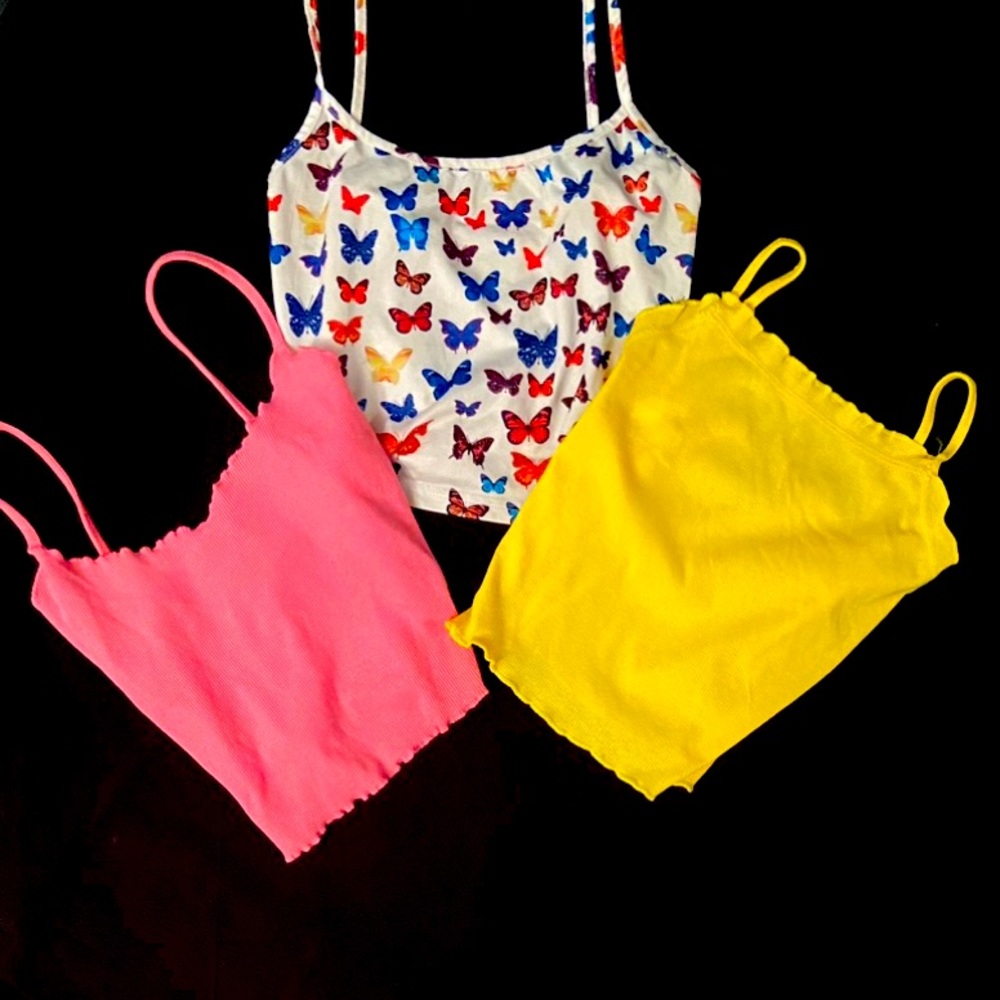 Three medium crop tops (pink, yellow and white with colorful butterflies)